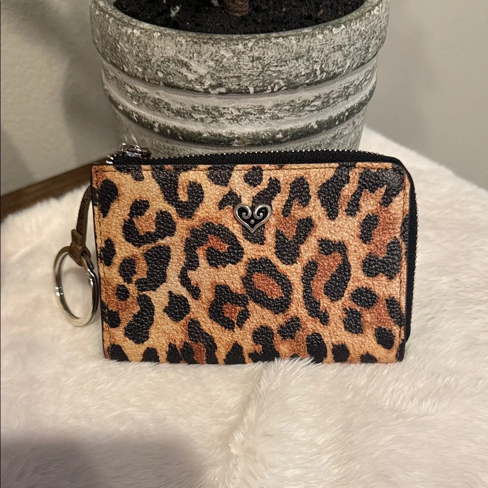 Brighton Leopard Print Leather Zip Around Catwalk Coin‎ Case Key Ring Vintage